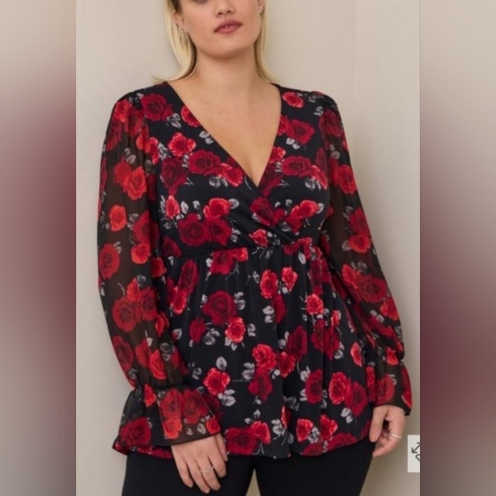 Torrid Babydoll Red Rose Floral Chiffon Blouse Top